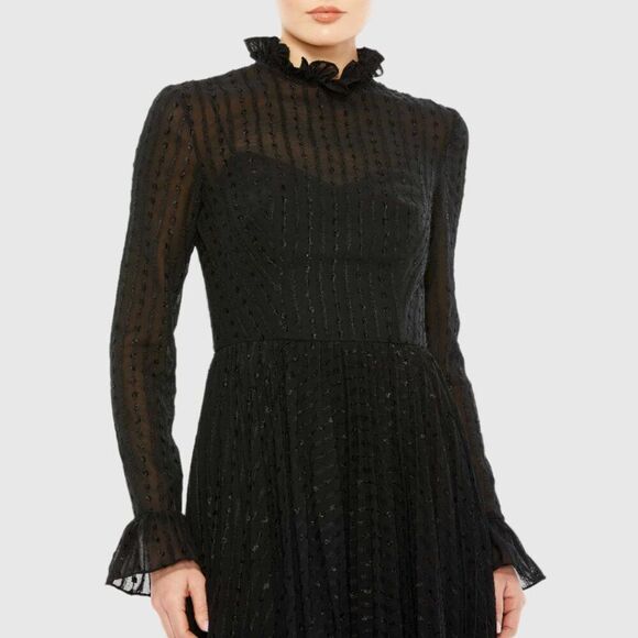 Mac Duggal 49627‎ Size 6 Black High Neck Long Sleeve Ruffle Midi Tea Dress - Picture 4 of 5
